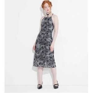 Wild Fable NWOT Small Gray Black Floral Halter Midi Dress Crisscross Strappy Y2K